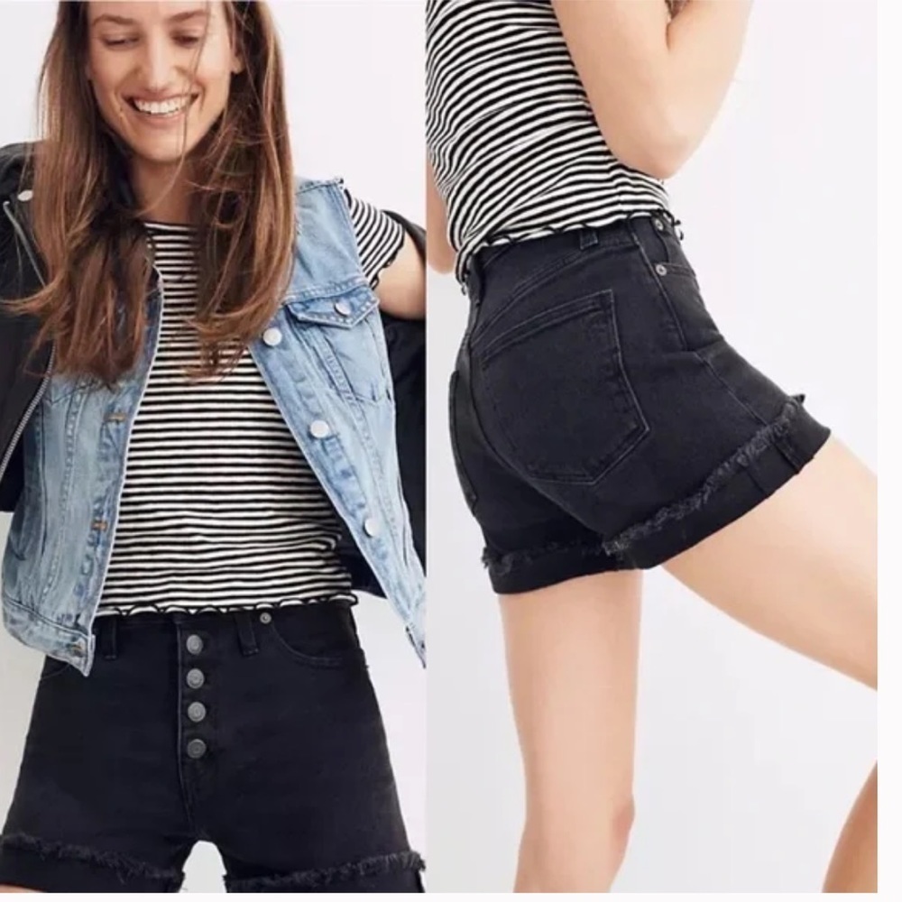 Madewell Distressed High-Rise Denim Boy Shorts Button Fly
